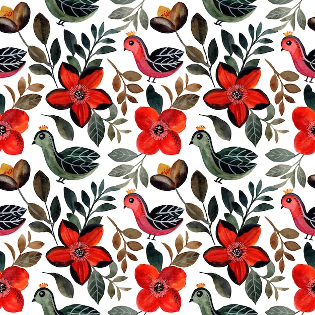 Seamless pattern with bird and floral watercolor