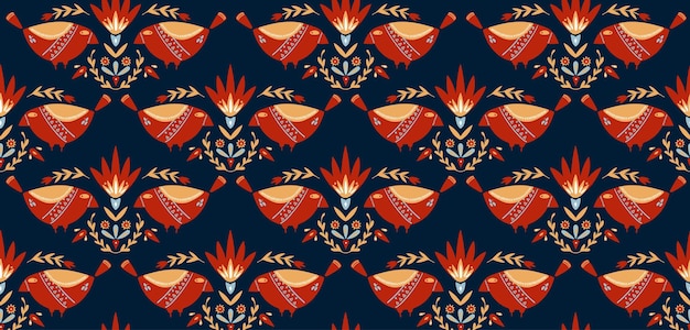Вектор Бесшовный узор с птицами и цветами иллюстрация в народном стиле печать для постеров дизайн открытки печать на ткани упаковка логотипов