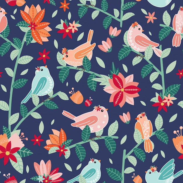 벡터 새와 꽃 원활한 패턴