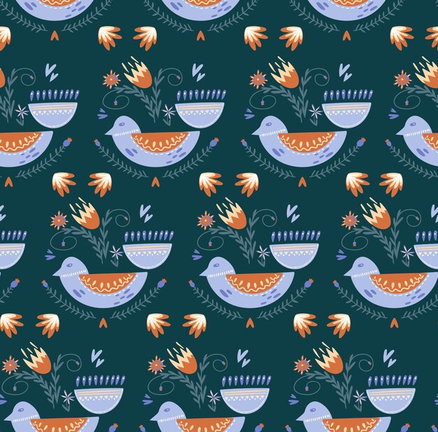 Бесшовный узор с птицами и цветами Иллюстрация в народном стиле Печать для постеров Дизайн открытки Печать на ткани Упаковка логотипов