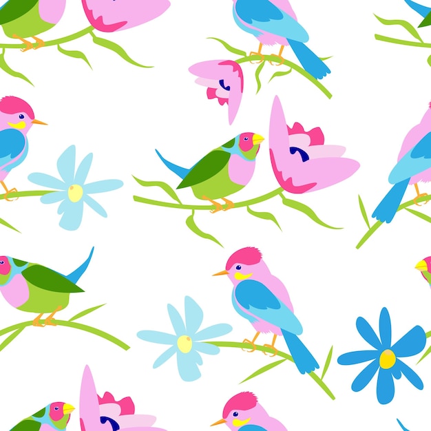 seamless pattern with birds and flowers on a white background vector stock image on a white