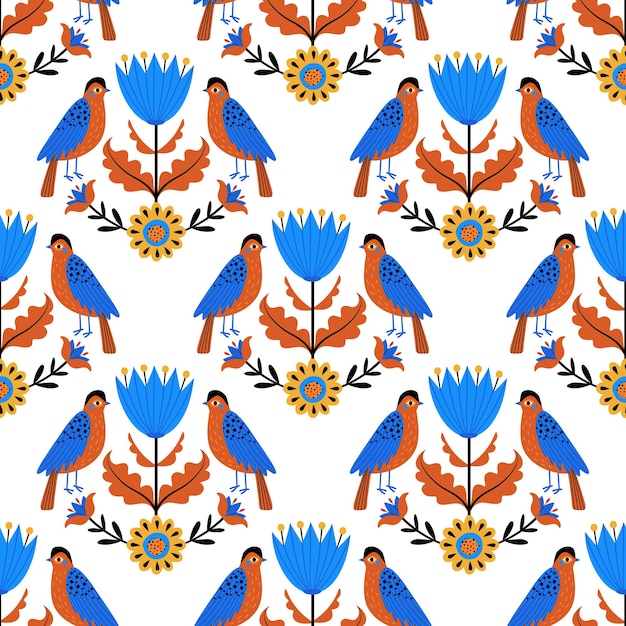 Vector seamless pattern with birds ornament folk spring print pattern with flowers and birds vector