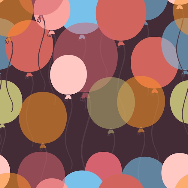 Бесшовный рисунок с воздушными шарами на день рождения с плоской векторной иллюстрацией на темном фоне