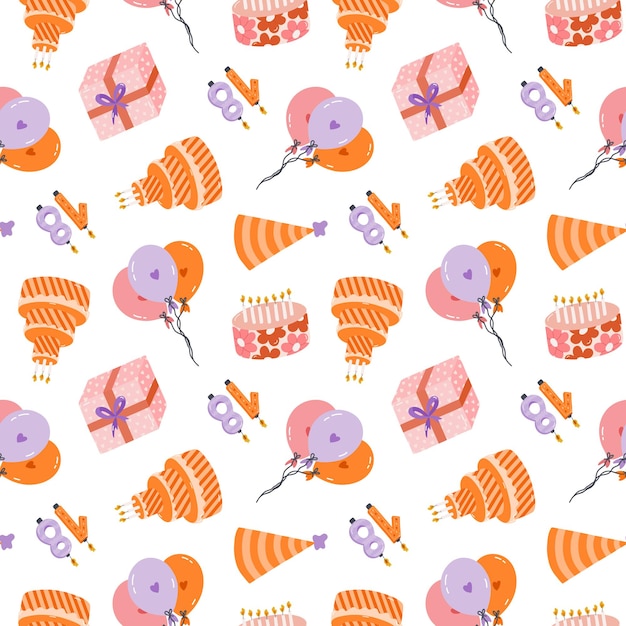 Vector seamless pattern with birthday cake party hat balloon gift box number candle in cute doodle style bright festive background with holiday clipart for wrapping paper print fabric scrapbook