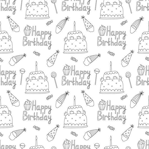 Modello senza cuciture con torte di compleanno, cappelli e lecca-lecca illustrazione vettoriale disegnata a mano di doodle