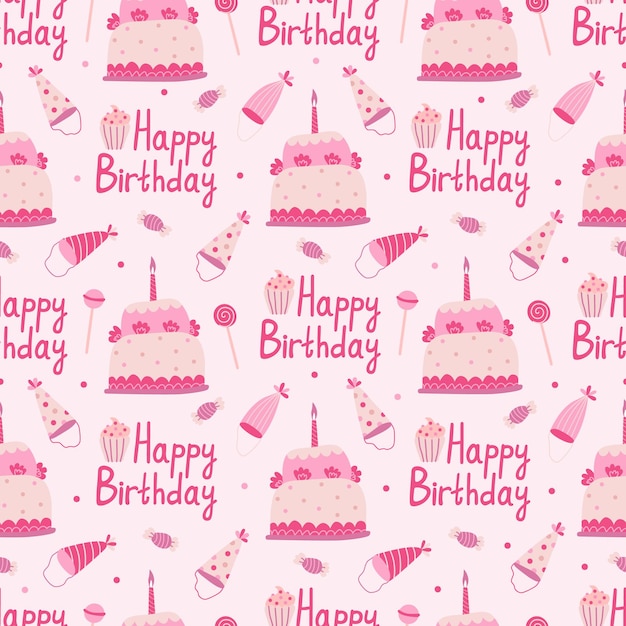 Vector seamless pattern with birthday cakes hats and lollipops on pink