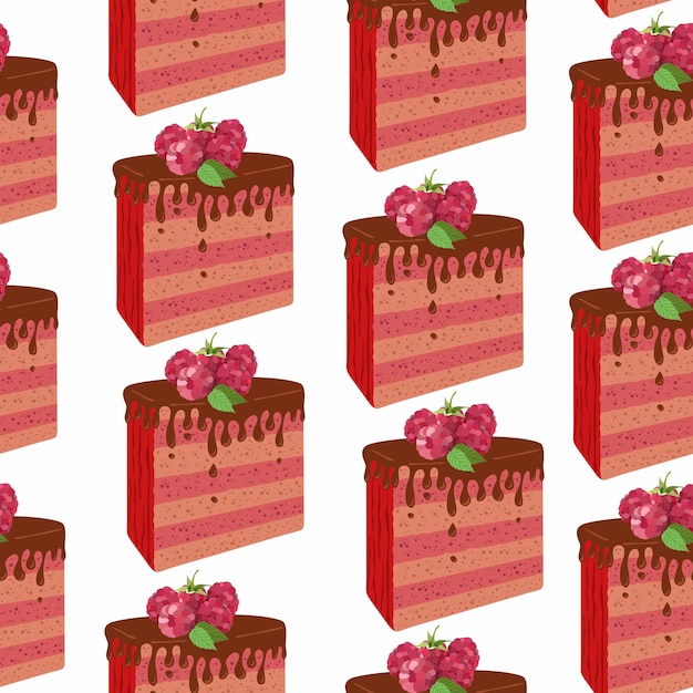 Seamless pattern with Birthday cream cakes with raspberries Hand drawn vector illustration