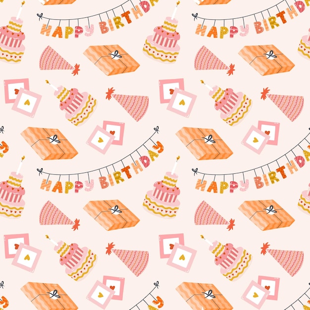 Vector seamless pattern with birthday garland cake party hat retro photo in cute doodle style childish design with holiday clipart for wrapping paper print fabric scrapbook bright festive background