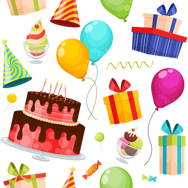 Seamless pattern with birthday party decorative icons set with birthday cake balloons gift box