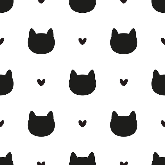 Seamless pattern with black cat heads and hearts