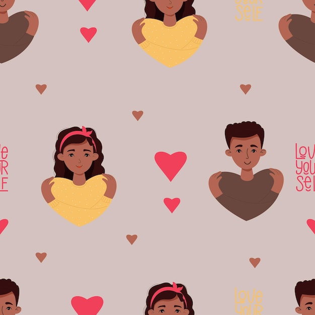 Seamless pattern with black couple of people An ethnic girl and young man concept Love yourself