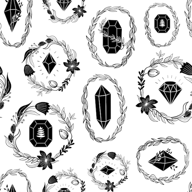 Seamless pattern with black crystals diamond minerals gemstones line art illustration