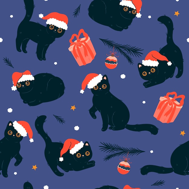 Seamless pattern with black cute cats in santa hats Vector graphics