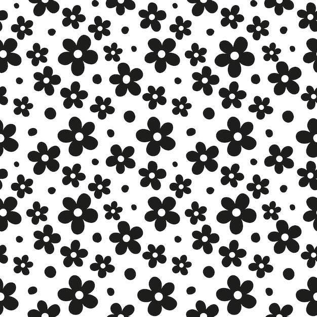 Seamless pattern with black daisies and dots