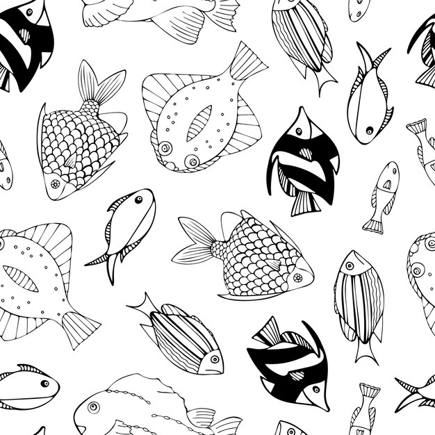 Seamless pattern with black fish on white background