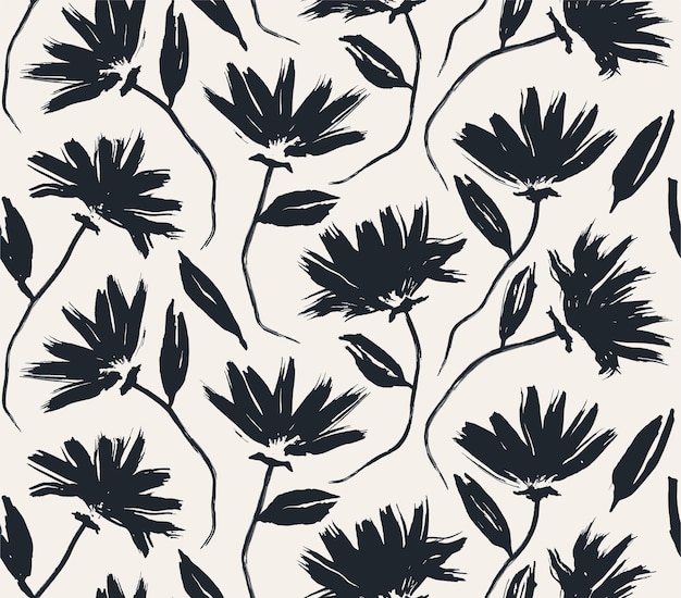 A seamless pattern with black flowers on a beige background