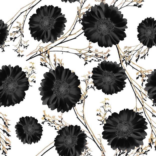 Seamless pattern with black flowers and gold plant Gerbera isolated mesh 3d illustration Vector