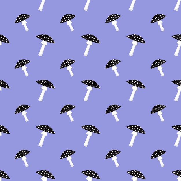 Seamless pattern with black fly agaric mushrooms with white dots on purple background Bright fashion fly agaric print