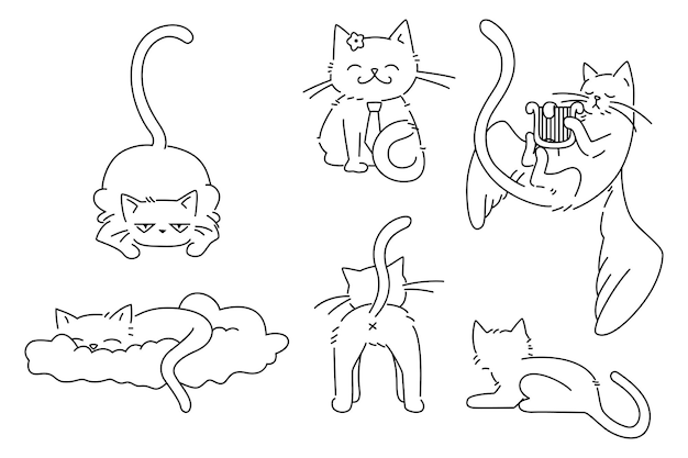 Seamless pattern with black line drawings of cats set against a white background