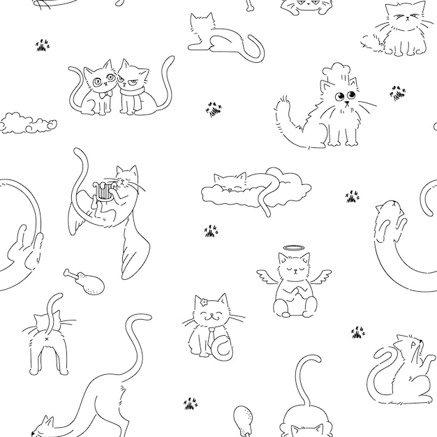 Seamless pattern with black line drawings of cats. This black and white seamless cat pattern