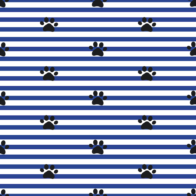 A seamless pattern with black paw print on blue striped background fabric and textile design