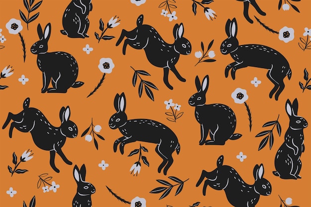 Seamless pattern with black rabbits and flowers on an orange background Vector graphics