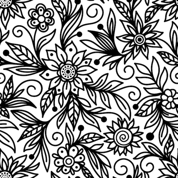 ベクトルの白い背景に花の黒いシルエットとシームレスなパターン