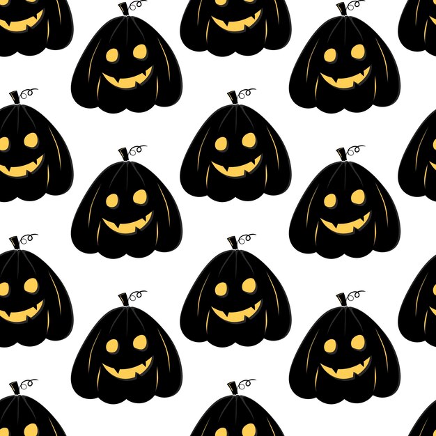 Seamless pattern with black silhouette of a pumpkin face with yellow glowing eyes for halloween on a white background