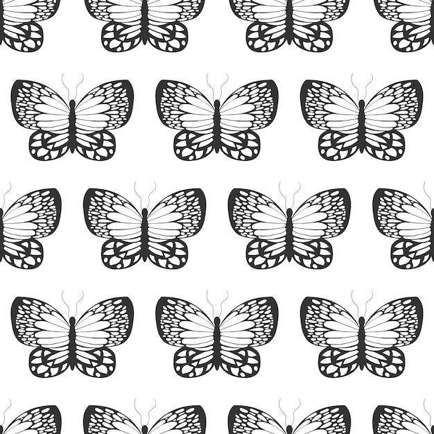 Seamless pattern with black silhouettes of butterflies isolated on a white background Simple monochrome abstract outline design