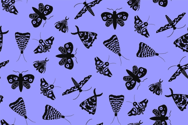 Seamless pattern with black silhouettes of moths