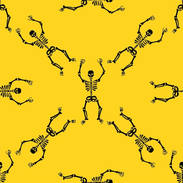 Seamless pattern with black skeletons, dancing and having fun on a yellow background