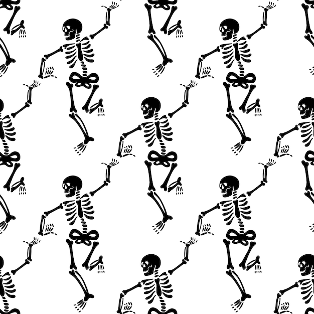 Vector seamless pattern with black skeletons