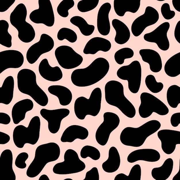 Seamless pattern with black spots of cow animal skin in doodle style