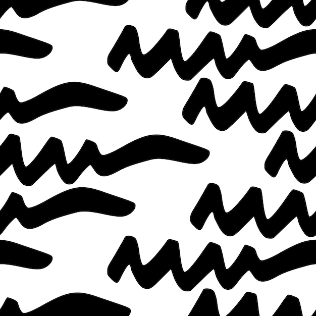 Seamless pattern with black wavy grunge brush strokes in abstract shapes on white background vector illustration