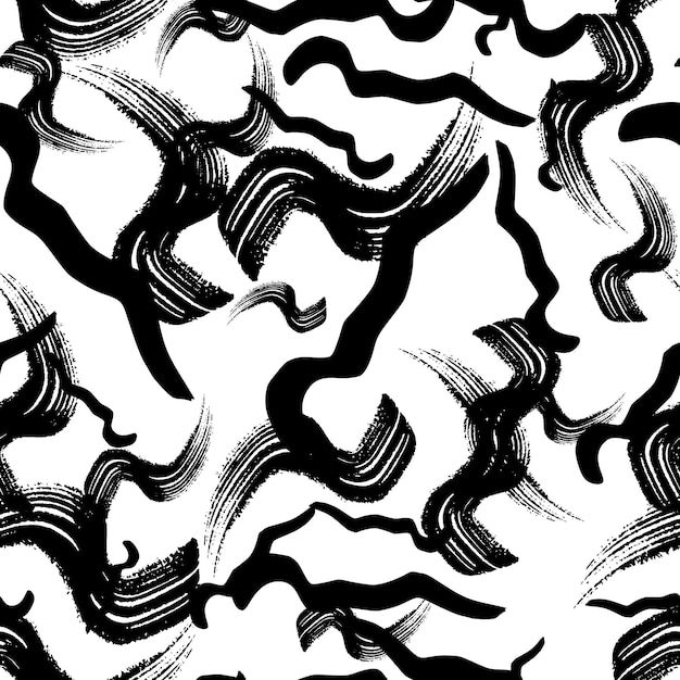 Vector seamless pattern with black wavy grunge brush strokes in abstract shapes on white