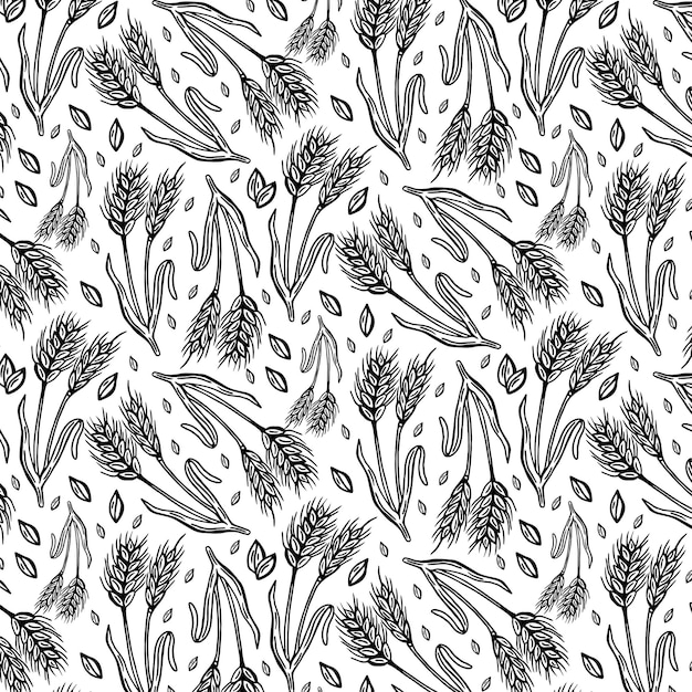 Vector seamless pattern with black wheat isolated on white background