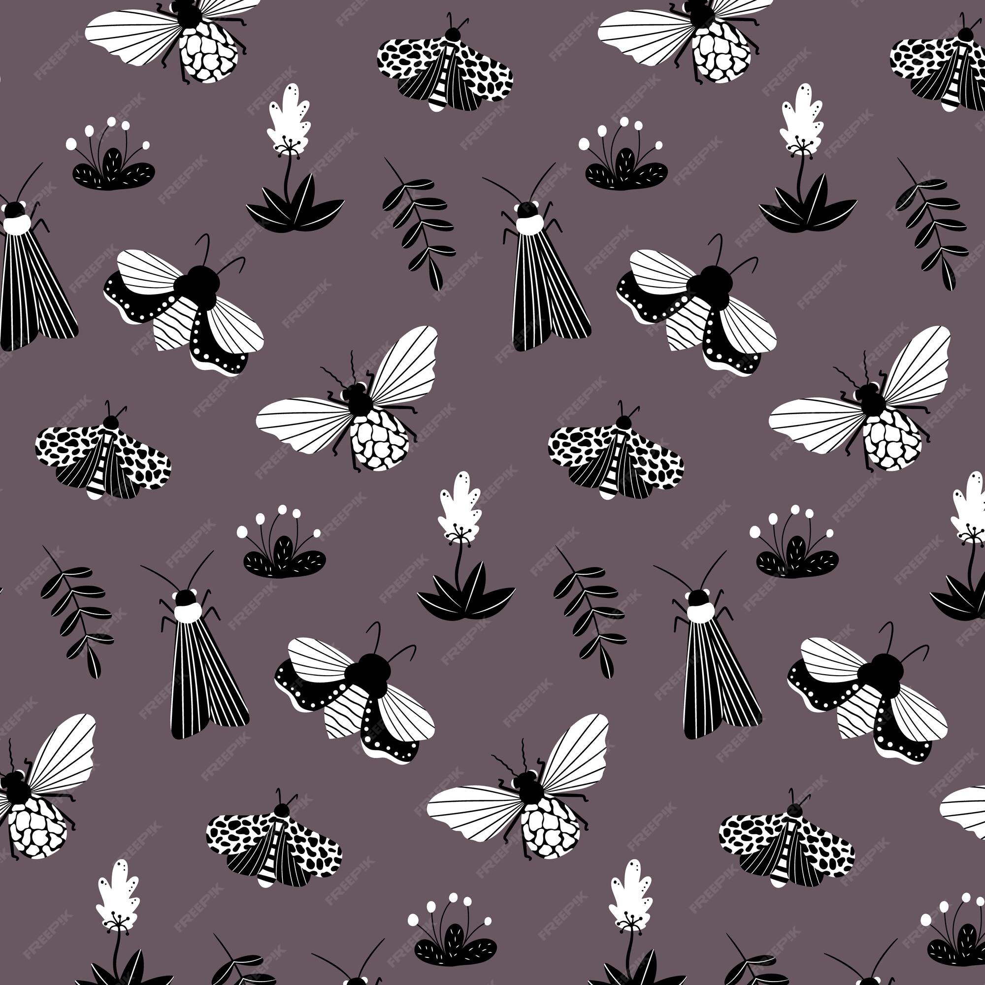 Premium Vector | Seamless pattern with black and white butterflies, moths, dragonflies and botanical elements. vector pattern in cartoon style. for clothing, fabric, wallpaper and all prints on a white background Premium Vector | Seamless pattern with black and white butterflies, moths, dragonflies and botanical elements. vector pattern in cartoon style. for clothing, fabric, wallpaper and all prints on a white background