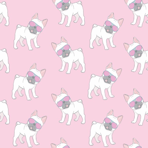 Seamless pattern with a black and white cartoon french bulldog puppies in a glasses on a pink background. vector illustration.