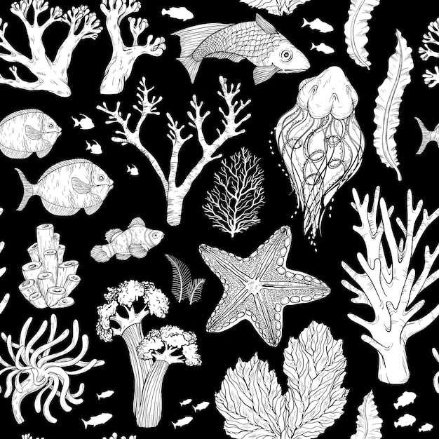 Seamless pattern with Black and white deepwater living organisms fish and algae