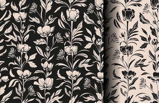 Seamless pattern with black and white flowers hand drawn contemporary print for textile fabric