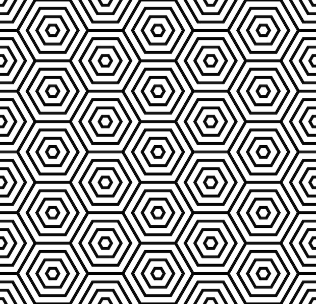 Seamless pattern with black white hexagons and striped lines optical illusion effect