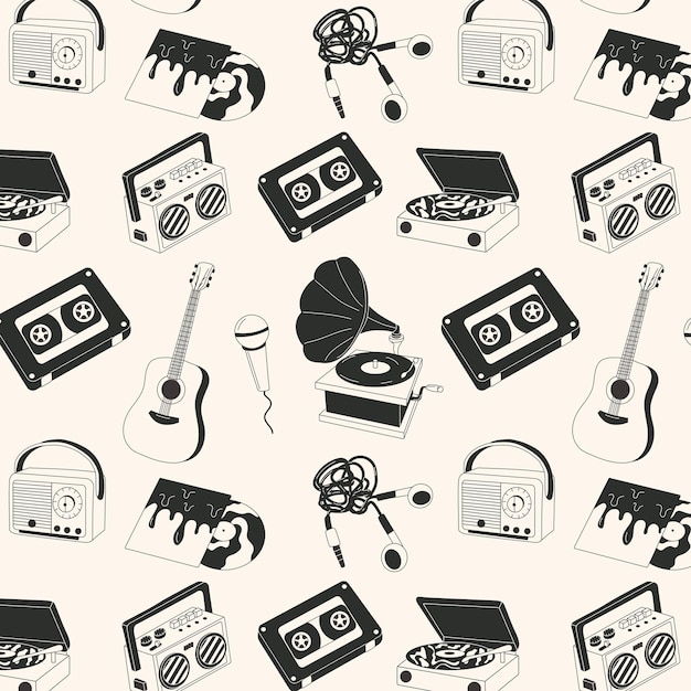 Seamless pattern with Black and white Retro musical things isolated icon