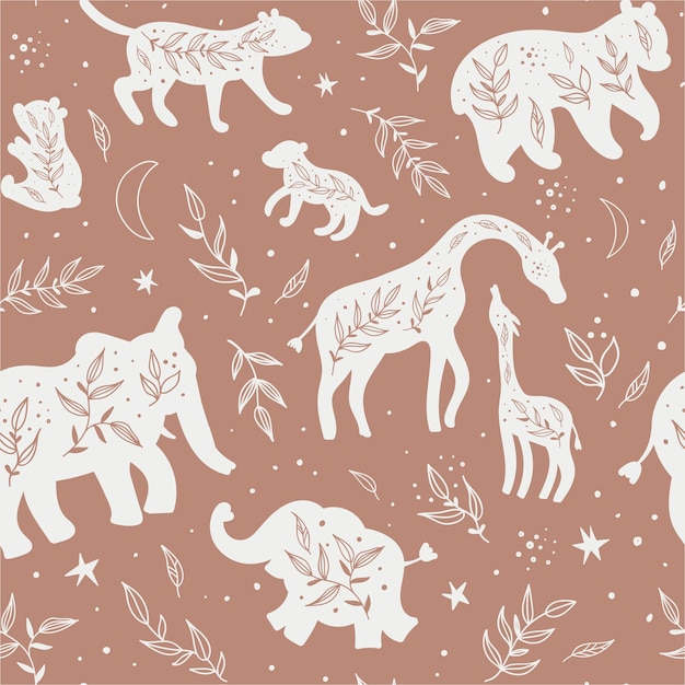 Seamless pattern with black and white silhouettes of wild animals and their cubs.