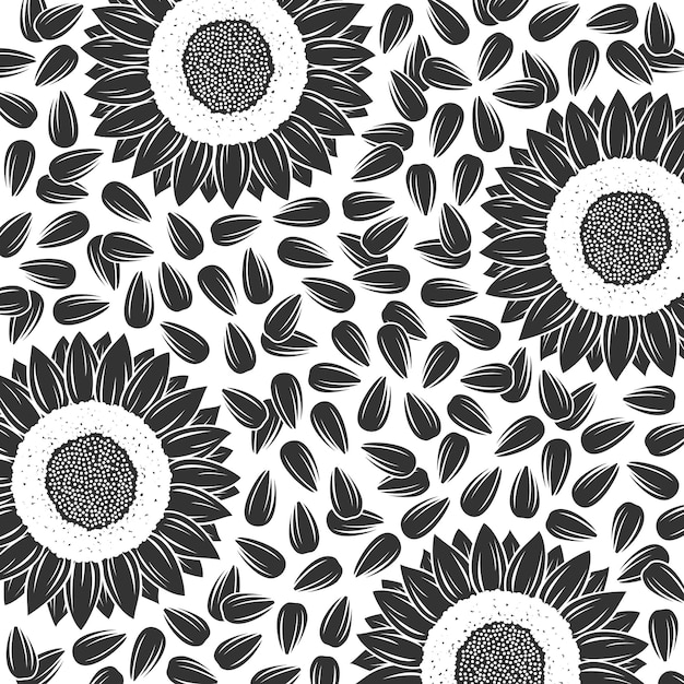 Vector seamless pattern with black and white sunflowers on a white background.