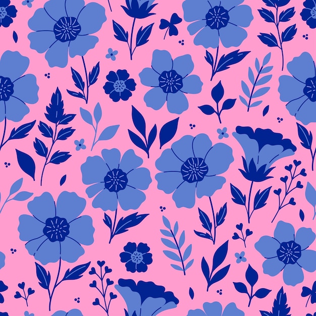 분홍색 배경 벡터 그래픽에 파란색 아네모네 꽃과 원활한 패턴