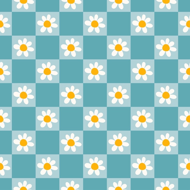 Seamless pattern with blue checkerboard and daisies.