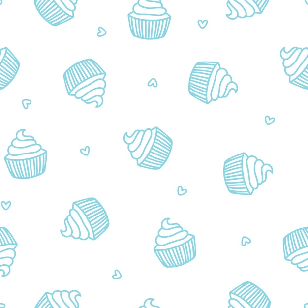 Vector seamless pattern with blue cupcakes and hearts