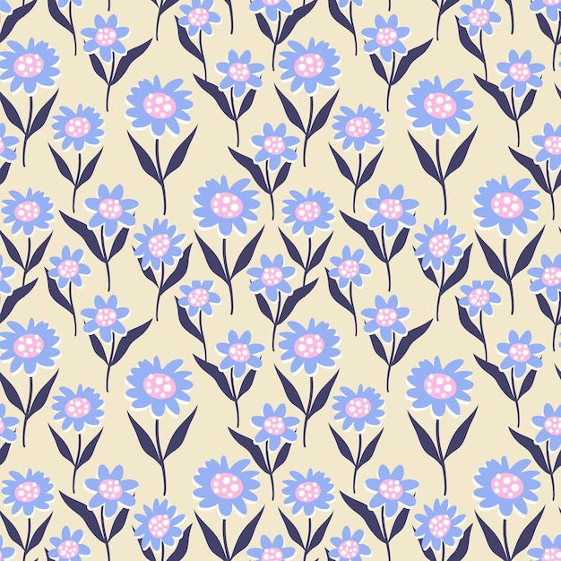 A seamless pattern with blue flowers on a beige background.