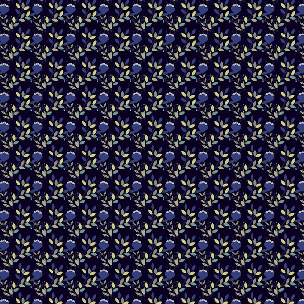 A seamless pattern with blue flowers and leaves on a dark background.