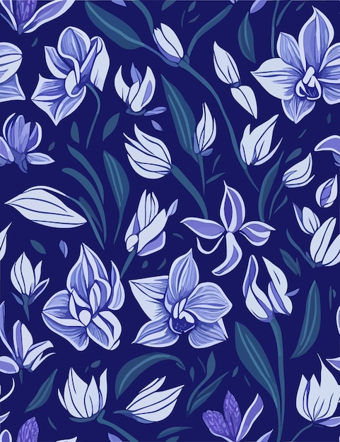 A seamless pattern with blue flowers and leaves on a dark blue background.